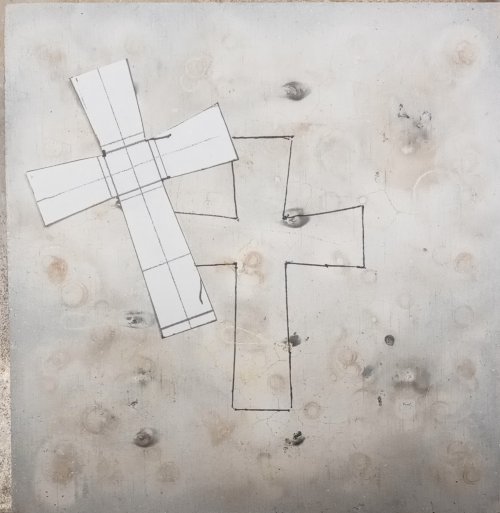 Judy Larson's Water Cast Scrap Cross - , Metalwork, Butane Torch, Soldering, Solder, trace your shape onto the Solderite board